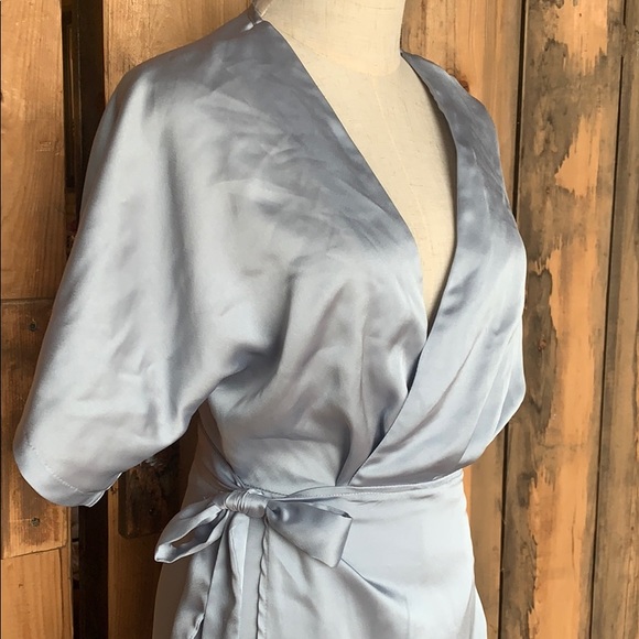 Sky Blue Satin Wrap Dress - Picture 2 of 6